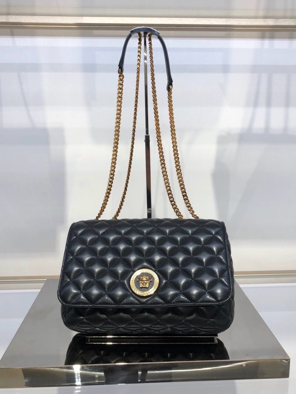 Authentic Versace Black Quilted Leather Shoulder Bag with Gold Medallion